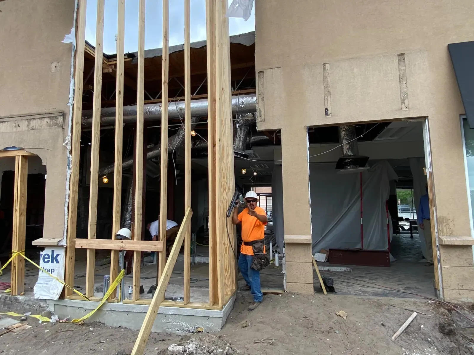 Wood stud framing on a storefront renovation